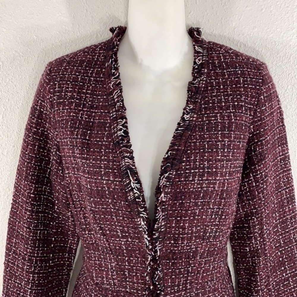 WHBM burgundy white black tweed peplum fringe jacket - Picture 5 of 15